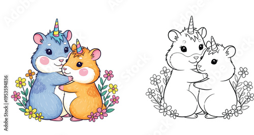 Adorable Unicorn Hamsters Hugging - Cute Fantasy Animal Friends