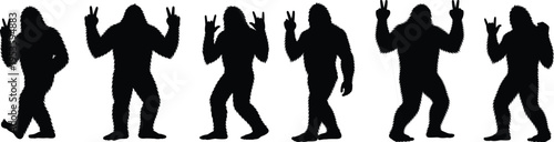 Bigfoot silhouettes set showing walking poses and hand gestures black vector illustration collection