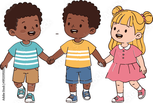 Happy Children Holding Hands Together Cartoon Illustration Featuring Cute Diverse Kids Friendship Unity and Childhood Social Interaction for Education and Diversity Concepts