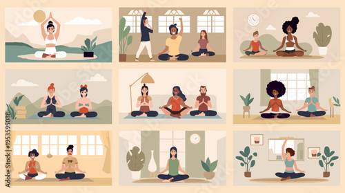 A peaceful illustration of a woman practicing yoga and meditation indoors. Ideal for wellness blogs, mindfulness apps, and promoting a calm lifestyle.