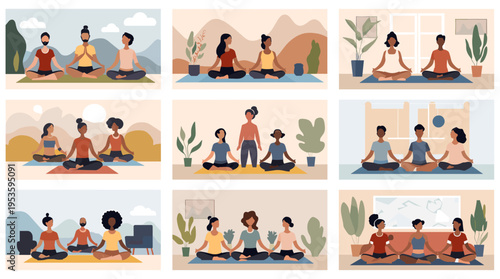 A peaceful illustration of a woman in a meditative pose, ideal for wellness content or promoting mental health resources. The calming scene evokes tra