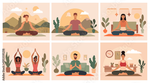 A minimalist illustration of a woman in a yoga pose, with a potted plant in the background. This image evokes feelings of peace, wellness, and balance