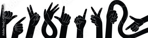 Black silhouette hand gesture alphabet typography set representing sign language and expressive visual communication design