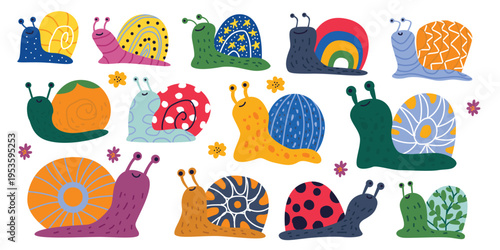 Set of Cute Colorful Snail Vector Illustrations with Different Shell Patterns, Playful Snail Characters for Kids Nursery Decor and Stationery Design.