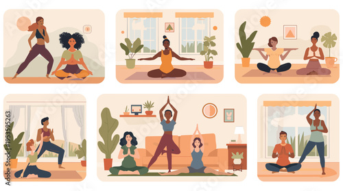 A calming illustration of a woman tending to a houseplant, evoking feelings of peace and growth. Ideal for lifestyle blogs, wellness content, and home