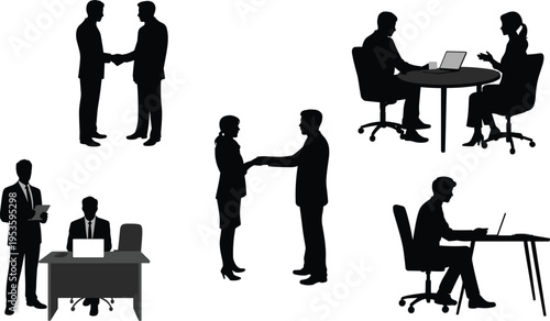 Business people silhouettes set with handshake meeting office discussion teamwork and corporate professionals working scenes