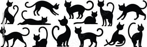 Cat silhouettes collection set with different poses playful sitting walking stretching black vector illustration