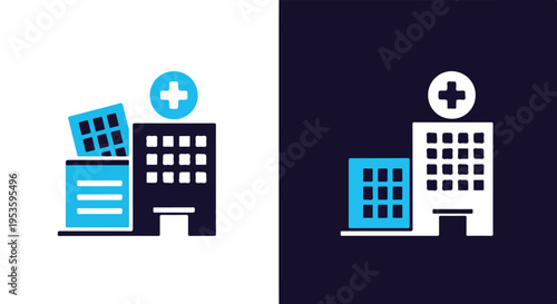 Modern hospital buildings with medical symbols - Glyph solid icon - Editable modern style icon - Clipart, sticker - icon set