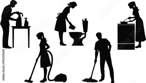 Cleaning service silhouettes people doing housework vacuuming mopping toilet cleaning cooking home vector illustration set