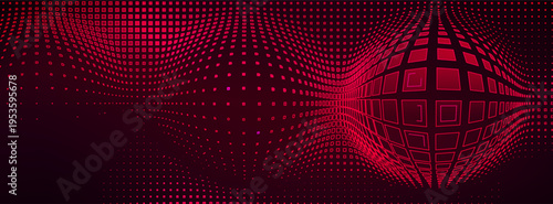 Abstract tech vector background with red halftone light effect, glowing pixel data pattern. Modern digital fintech design with mesh texture and convex bubble elements