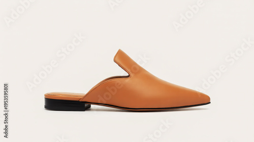 Elegant and comfortable tan leather slip-on mule shoe, meticulously crafted with a sleek design and low heel, perfect for versatile fashion statements and everyday sophisticated style