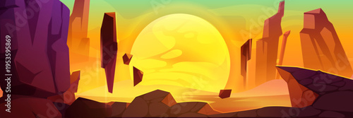 Alien planet landscape with rocky mountains and desert ground surface. Fantasy space vector background for game design. Futuristic scene, cosmic valley with flying rocks, galaxy and sun or moon view.