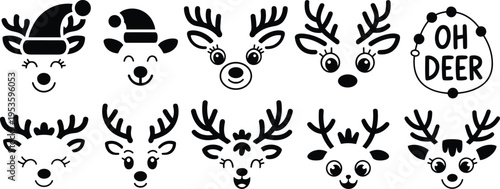 Cute christmas reindeer faces and antlers set, kawaii deer characters with festive elements vector illustration for holiday design use
