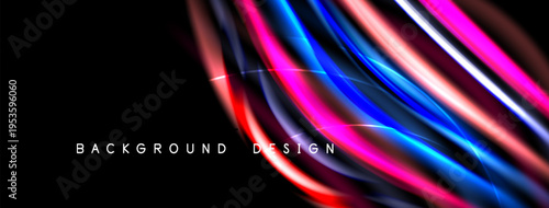 Abstract design features vibrant flowing lines. Pink, blue, red hues contrast against black backdrop. Modern, dynamic visual element.