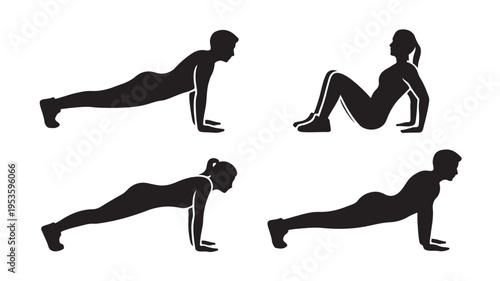 Silhouette Of People Doing Push Ups And Crunches On White Background For Fitness Concepts