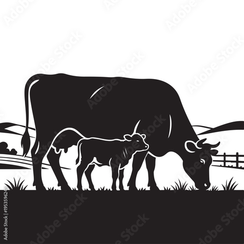 Farm landscape silhouette with cows grazing.