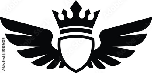 Vector art of a stylized shield with wings and a crown symbol