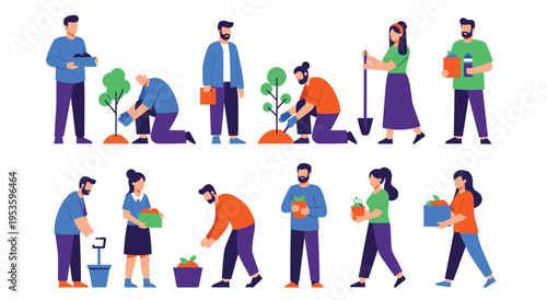 People working in garden, planting trees, caring for nature, and growing plants