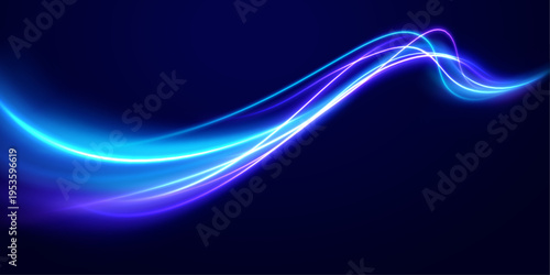 Blue neon streak flows in a smooth arc, leaving luminous motion trails and glowing particles behind. The wave suggests speed. The style feels clean and futuristic.