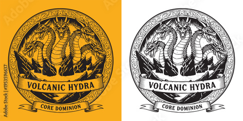 Five Headed Volcanic Hydra Dragon in Ornamental Circle