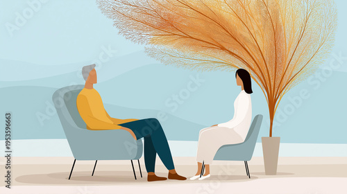 Mental health and psychotherapy concept illustration, psychology awareness, emotional wellbeing symbolism, with copy space
