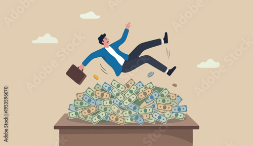 Insurance, reserve money or emergency fund on business failure, mistake or accident, compensation or money support and cushion concept, fail businessman falling huge big desk money banknotes safety