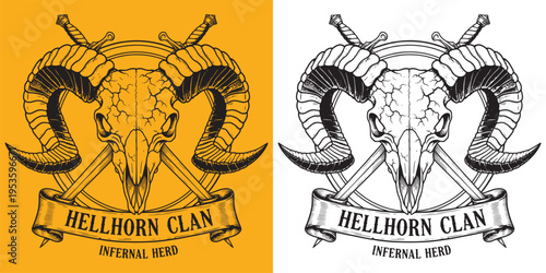 Ram Skull with Curved Horns and Crossed Daggers