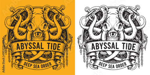 Giant Abyssal Octopus with Eye and Nautical Anchors