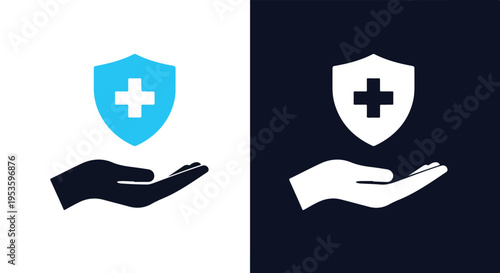 Hands offering protection shields - Minimalist, flat icon, outline, glyph, linear, clipart, sticker - icon set