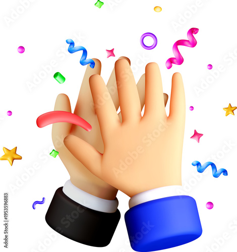 3D hands making a high five gesture with confetti.