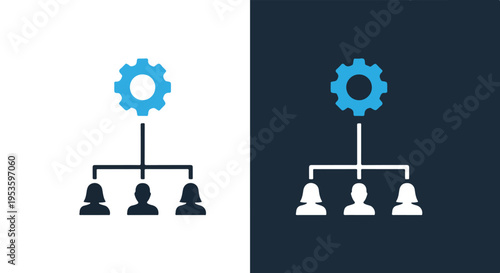 Team collaboration under gear icon - Minimalist, flat icon, outline, glyph, linear, clipart, sticker - icon set