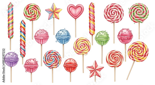 Watercolor Lollipop Candy Set, Colorful Sweet Swirl Sweets Collection Cartoon Illustration Isolated