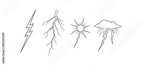 Four outline lightning designs including simple bolt, branching strike, sun strike and cloud strike