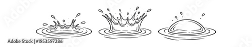  Water drop splash outline icon set. Ripple, drip, liquid surface, puddle effect. Line vector illustration.