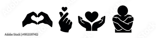Four black silhouette icons of hand gestures forming hearts, finger heart, cupped heart, and self embrace