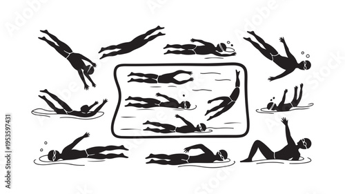 Diver Silhouettes Swimming Underwater In Various Positions For Aquatic Sports Concepts