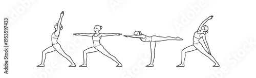 Yoga warrior poses outline icon set. Lunge, stretch, standing balance, fitness exercise. Line vector illustration.