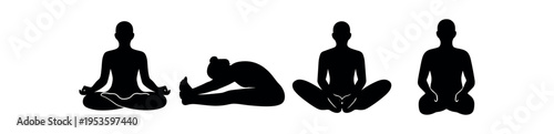 Three black silhouette figures in seated meditation and cross legged poses, minimalist icons.