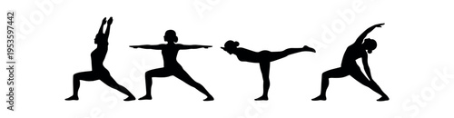 Yoga warrior poses silhouette icon set. Lunge, stretch, standing balance, fitness exercise. Black flat vector illustration.