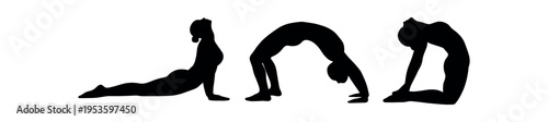 Three black silhouette figures demonstrating backbend variations including bridge and camel poses.