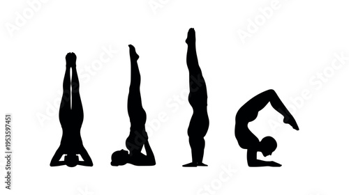 Four black silhouettes of yoga inversion and balance poses including headstand and forearm balance.