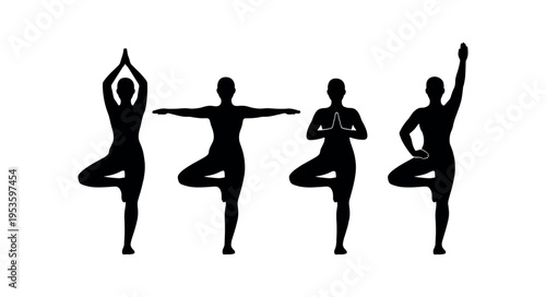 Yoga poses silhouette icon set. Tree pose, warrior, standing balance, meditation fitness symbol. Black flat vector illustration.