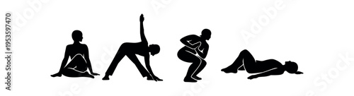 Four black silhouette yoga figures in seated, twisting, squatting, and reclining relaxation poses.