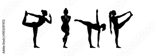 Four black silhouette figures performing standing balance and dancer style yoga poses.
