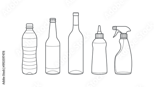 Five outlined bottle shapes including water, beer, wine, squeeze and spray bottle in simple line art.