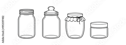 Four outlined storage jars with varied lids and covers drawn in clean line art.