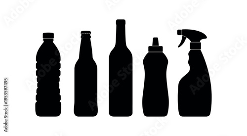 Five black silhouette containers including a plastic bottle, beer and wine bottles, a squeeze bottle, and a spray bottle.