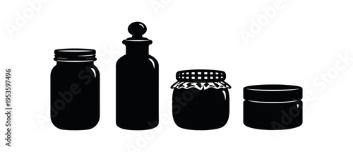 Four solid black jar and bottle silhouettes including mason jar, apothecary bottle and cream jar.