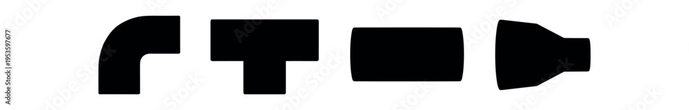 Obraz premium Four black silhouette pipe fittings including elbow, tee, coupling, and reducer pieces.