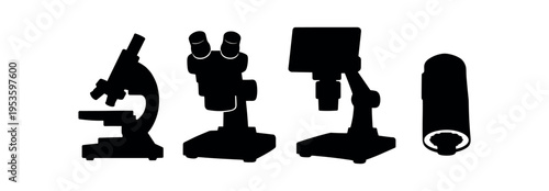 Black silhouette icons showing different microscope types including compound and stereo
